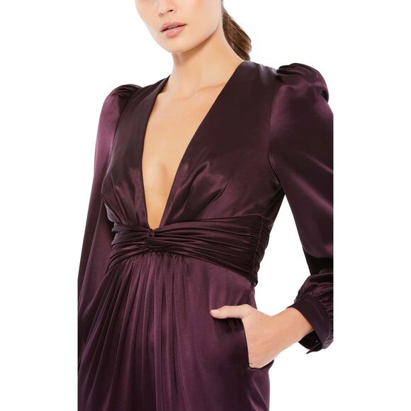 Mac Duggal NWT Plum Front Twist Puff Sleeve Deep V Jumpsuit Satin Size 4 Pockets - Picture 3 of 10